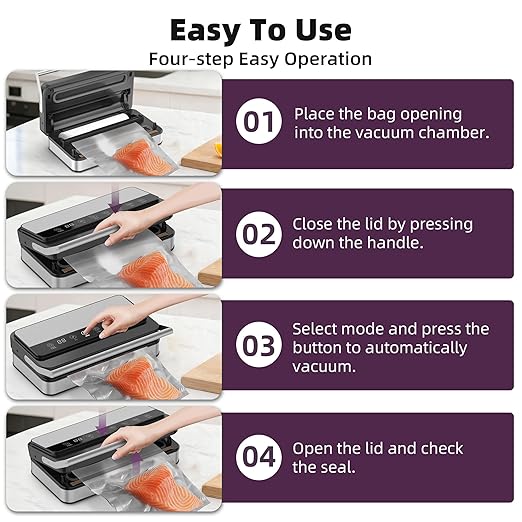 10-In-1 Vacuum Food Sealer Machine, 85Kpa 200W Automatic Food Sealer, Low Noise Food Vacuum Saver with Sealer Bags, Roll, Build-in Cutter, Handheld and Compact Design with Digital Timer