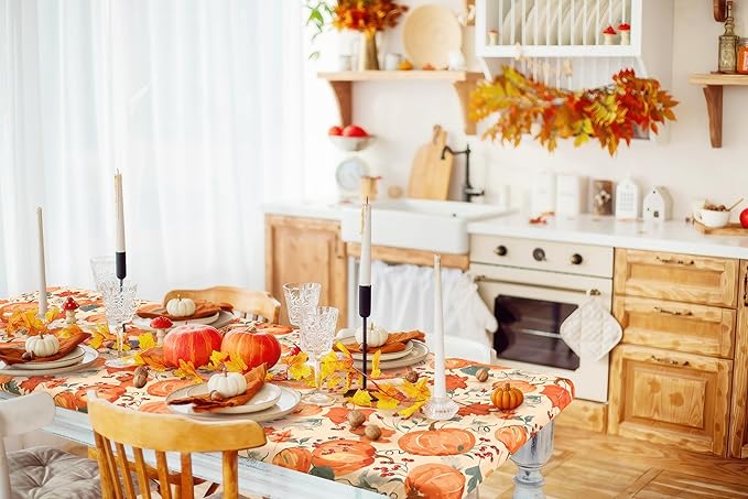 homing Rectangle Table Cloth Cover, Waterproof Polyester Elastic Fitted Tablecloth, Fits for 6 Foot Folding Tables, Washable Table Protector for Fall, Thanksgiving (Pumpkin Vine, 30" x 72")