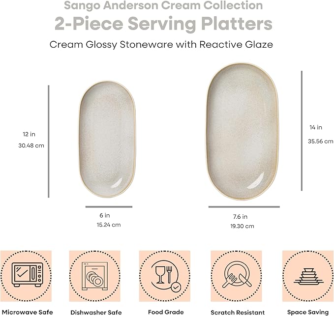 SANGO Anderson Serving Platters Set of 2, 14/12 Inch Stoneware Serving Dishes for Entertaining, Glossy Party Serving Trays for Food, Buffet Oval Platters for Bread, Appetizer, Cheese, Reactive Cream