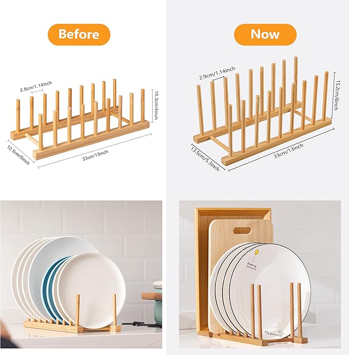 HBlife 2pcs Heighten and Widen Bamboo Dish Dying Rack Pot Lid Plate Organizer Holder for Cabinet, Cutting Board Stand Drainer Storage Plate Rack for Dish, Pot Lid, Bowl, Cup, Cutting Board and Books