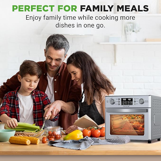 NutriChef 26L Electric Air Fryer Oven | 1700W Countertop Rotisserie & Air Fryer | 360° Rotating Feature | 10 Menu Presets | Includes Drip Tray, Air Frying Basket & Bake Rack 15x16x14 | Stainless Steel