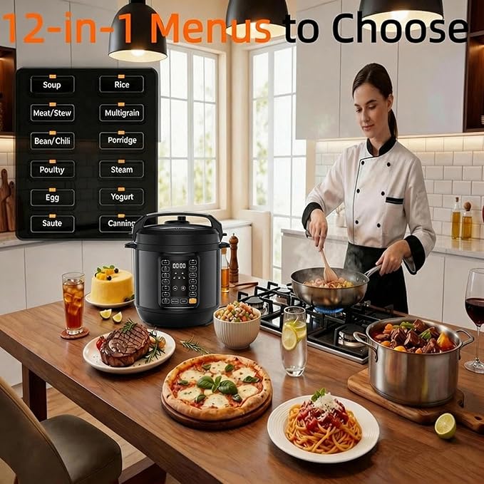 Simple Deluxe 8QT Electric Pressure Cooker, 16-in-1 & Non-Stick Stainless Steel Multi Cooker with 12 Presets for Slow Cook, Meat Stew, Steam, Sauté, Canning, Yogurt Maker, Dishwasher Safe, Black