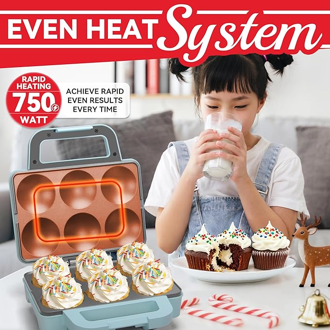 SugarWhisk 6-Count Cupcake Maker Machine, Bakes 6 X 2.5 Inch Cupcakes, Muffins, Pizza Cups, Cinnamon Buns, Cool-touch Handle, Non-stick Coating, Recipe Included, Aqua