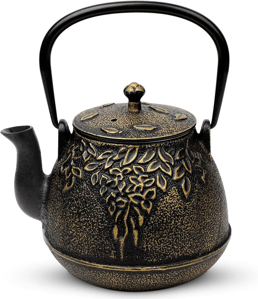 Tea Kettle, Toptier Japanese Cast Iron Tea Kettle for Stove Top, Stovetop Safe Cast Iron Teapot with Infusers for Loose Tea, 40 Ounce (1200 ml), Black