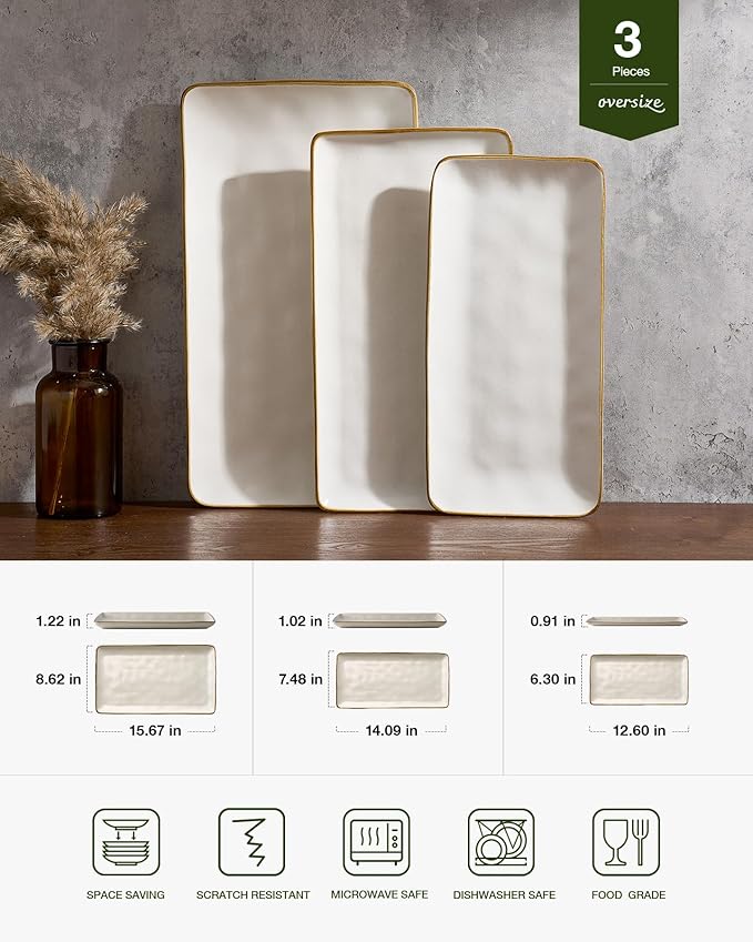 Famiware Serving Platter, Rectangular 15.67/14.1/12.6inch Serving Dishes for Entertaining, Dishwasher Safe, Stoneware Serving Trays for Party, Food, Turkey, Snack, Cheese, Reactive Glaze, Matte White