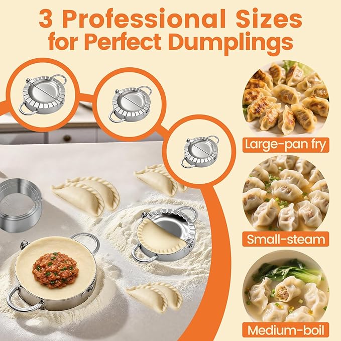 3-in-1 Stainless Steel Dumpling Maker Set - Professional Dumpling Press & Empanada Mold with Dough Cutters (3", 3.4", 3.8") | Includes Stuffing Scoop | Dishwasher Safe