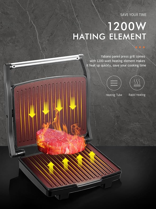 Yabano Panini Press Grill, Gourmet Sandwich Maker, Electric Indoor Grill with Non-Stick Cooking Plate and Removable Drip Tray, Easy to Clean, Stainless Steel