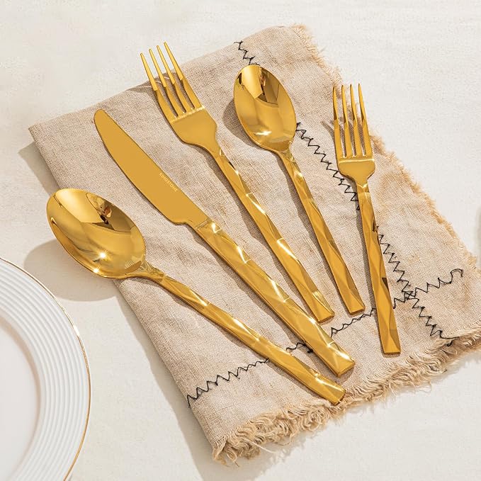 KINGSTONE Gold Silverware Set, Luxury 60 Piece Flatware Set for 12, 18/10 Stainless Steel Cutlery Set with Diamond Cut Pattern for Kitchen, Home, Wedding, Party, Mirror Polished and Dishwasher Safe