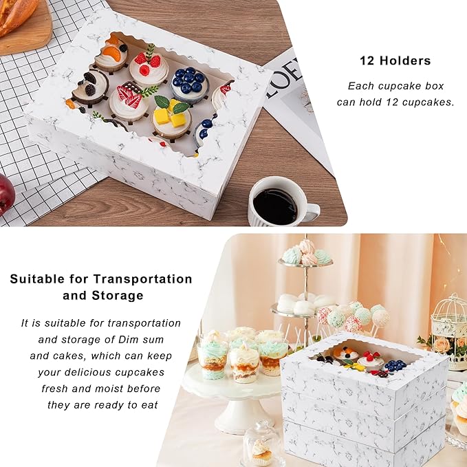Hoewina 6PCS Cupcake Boxes - Hold 12 Count Cupcake Containers with Window, Food Grade Cupcake Holder Easy Transport and Presentation - Ideal for Cupcakes, Desserts, and More (Marble pattern)