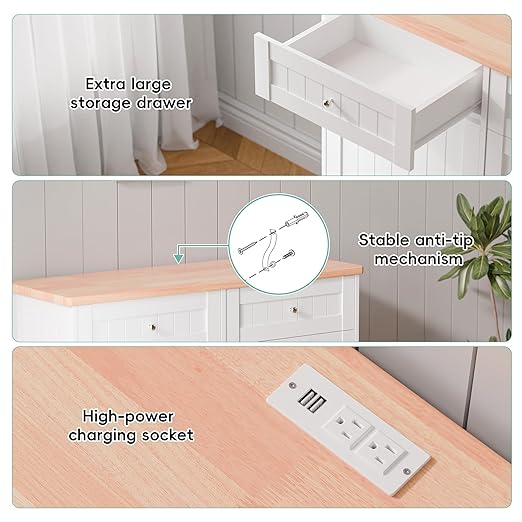 Betterhood Double Tilt Out Trash Cabinet with Power Outlet, 10 Gallon Trash Cabinet with Storage,Pet Proof Trash Can with 2 AC & USB Sockets for Kitchen,Living Room (White, Double Door)