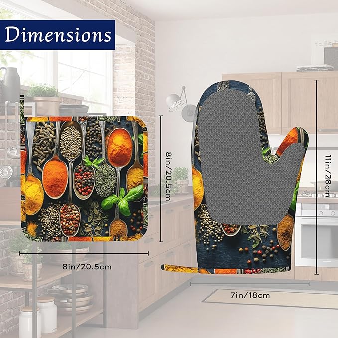 Oven Mitts and Pot Holders Sets Colorful Spices Silicone Kitchen Mits Potholders Cooking Herb Spoons Heat Resistant 4Pcs Oven Gloves Hot Pads for Baking Cooking BBQ Grilling Home Decor