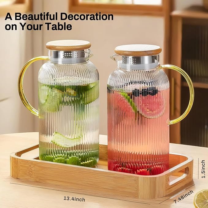 Buaic Glass Pitcher with Lid, 2 PACK 68 oz/2 Liter Vertical Water Pitcher With Serving Tray, Clear Borosilicate Glass Water Carafe for Cold Brew, Coffee, Lemonade, Iced Sun Tea,Beverage,Heat Resistant