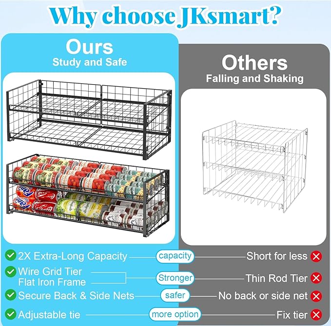 2-Tier Stackable Can Rack Organizer for Pantry Shelf, Long-Size Adjustable Can Holder for Kitchen Organization,Heavy Duty Can Dispenser for Canned Food Soup Goods up to 50 in Cabinet storage, Black