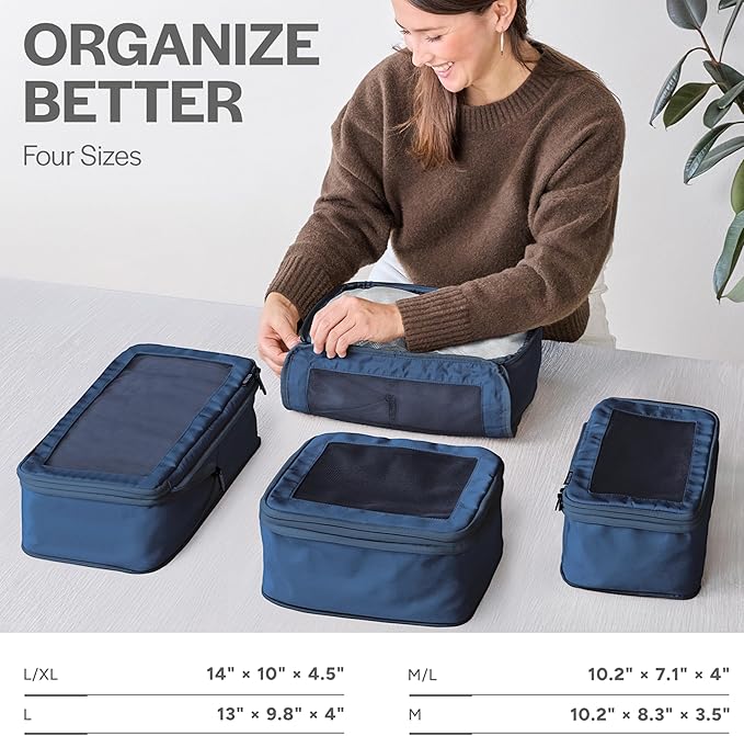 Aerotrunk Compression Packing Cubes for Travel - Luggage Organizer Bags - Double Zipper Packing Cubes for Suitcases (4-Pack, Dark Blue)