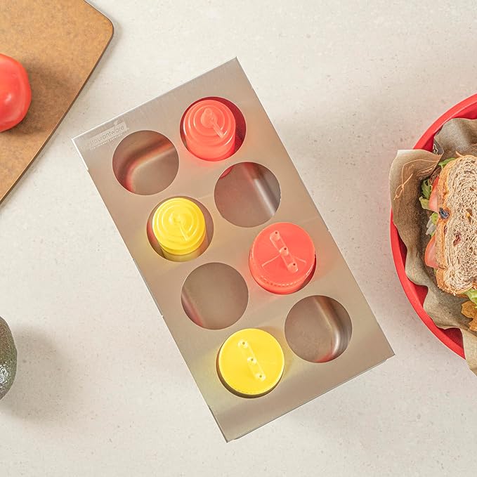 Restaurantware Squeeze Bottle Template Pack of 1 Stainless Steel 8 Hole Holder Top, 2.5" Diameter Fits 1/3 Size Food Pans, Dishwasher Friendly Integrated Lip Design Holder Top for Condiment Bottles