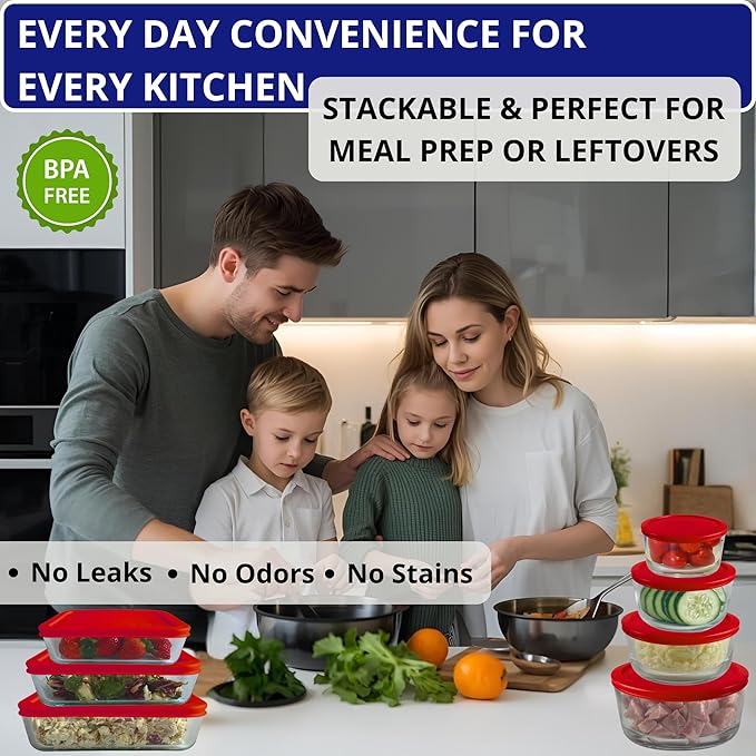 1, 2, 4 & 7 Cup Red Round & 3, 6, 11 Cup Red Rectangle Replacement Lids/Covers for Pyrex, Anchor Hocking & KlareWare Storage Bowls *Lids Only -Glass Container Not Included*, 14 Pack *2 of Each Size*