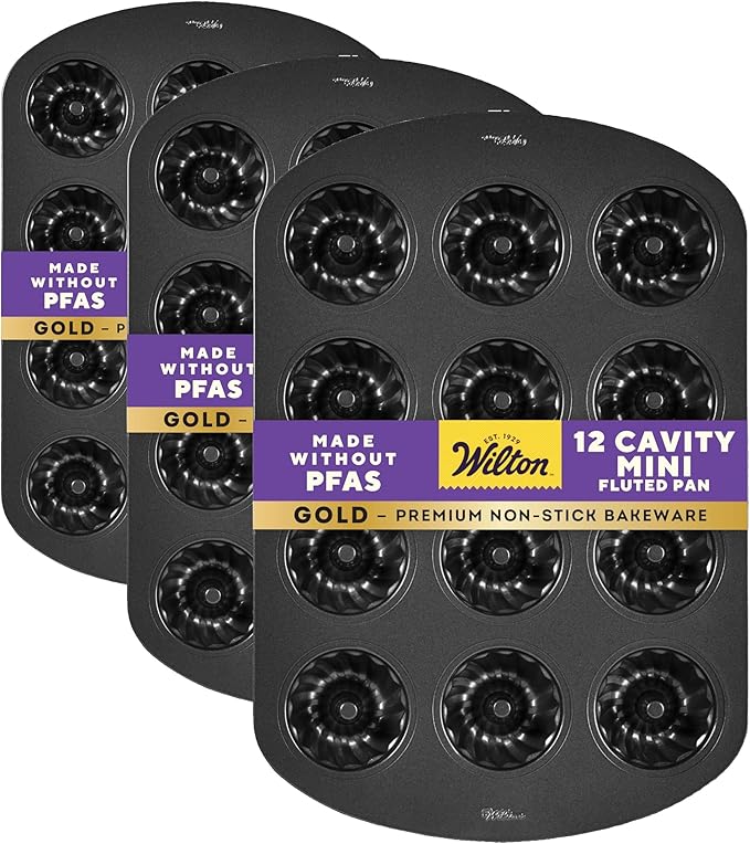 Wilton Gold Premium Non-Stick Warp-Resistant Bakeware, Made without PFAs, Mini Fluted Tube Pan,12- Cavity, 16.5 x 11.2 in, Packaging May Vary (Pack of 3)