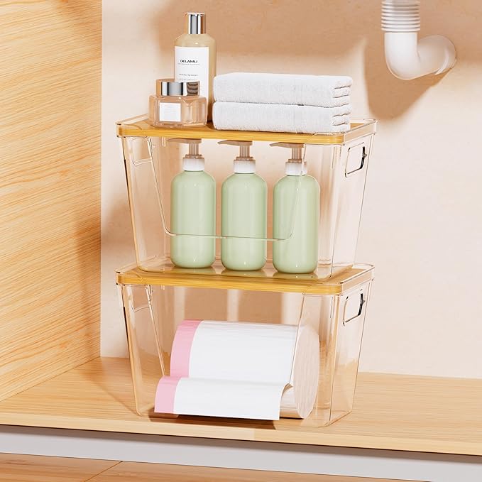 Delamu 2 Sets of 3-Tier Bathroom Under Sink Organizers and Storage, Multi-Purpose Stackable Pantry Organization and Storage, Pull Out Clear Kitchen Bathroom Cabinet Organizer with Movable Dividers