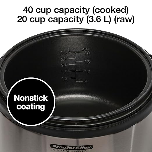 Proctor Silex Commercial 37540 Rice Cooker/Warmer, 40 Cups Cooked Rice Capacity, Nonstick Inner Pot, Hinged Lid, Stainless Steel Housing, Conforms to NSF