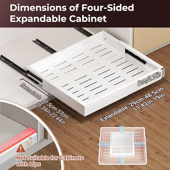 2 Pack Pull Out Cabinet Organizer, Slide Out Drawer Expandable Width (12"-19") and Depth (17"-23") With 3 Slides, Fixed with Adhesive Film or Nail for Cabinets in Kitchen, Pantry or Bathroom