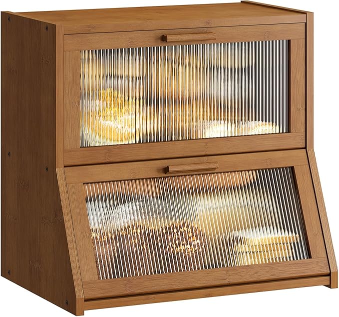GHWIE Double Layer Bamboo Bread Box for Kitchen Counter,Large Capacity Bread Storage Bin,Bread Container with Acrylic Wavy Door Panel (Brown, Extra Large)
