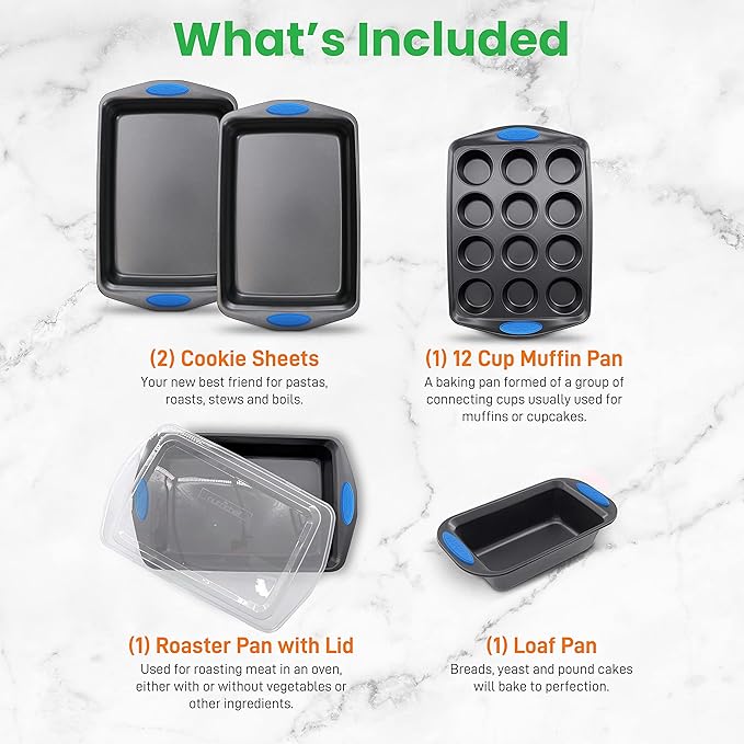 NutriChef 6-Piece Baking Pan Set - Carbon Steel Stackable Bakeware with Blue Silicone Handles & Nonstick Coating, Includes Cookie Sheets, Roaster Pan with Lid, Loaf Pan, and 12 Cup Muffin Pan (Gray)