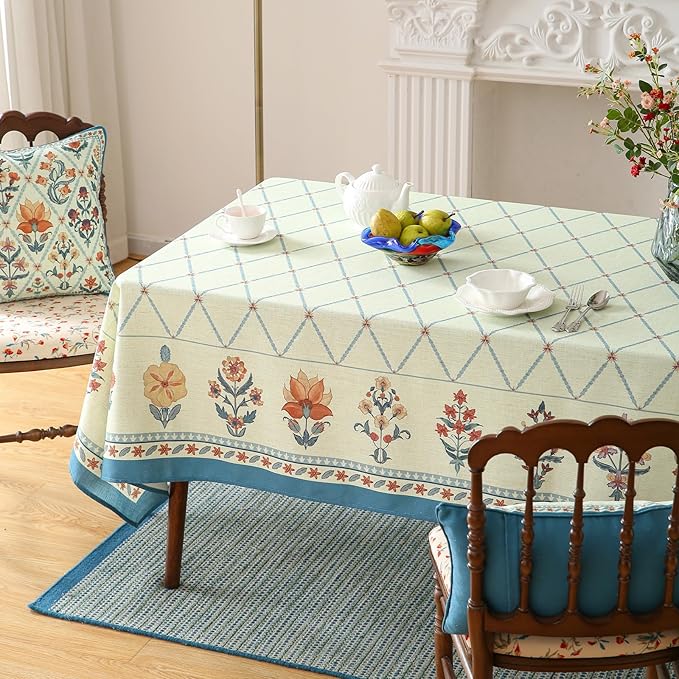 ISAENNE Designer Linen Floral Extra Long Rectangle Tablecloth,Light Green Farmhouse Durable Table Cloth,Washable Decor Tablecloths for Dining Kitchen Thanksgiving Christmas,63"*110"-Floralsea B