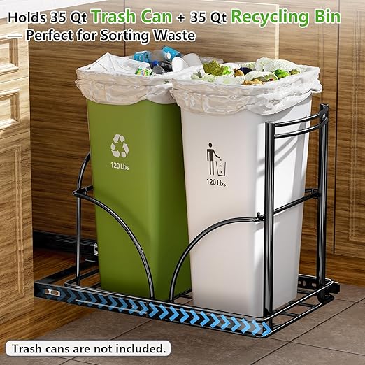 Dual Trash Can Pull Out Under Kitchen Sink Counter, NO CAN, Slider for Double 35Qt Bins(7-9 Gal), Recycling Bin & Garbage Can Pullout Kit, Quiet Close Sturdy Shelf, Requires Cabinet ≥16"W*17"H*23"D