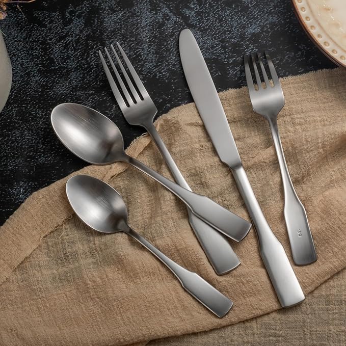 Alata Kate Satin 45-Piece Silverware Set with Utensil-Serving Set,Service for 8,Stainless Steel Flatware Set,Matte Satin Polished Cutlery Set,Dishwasher Safe