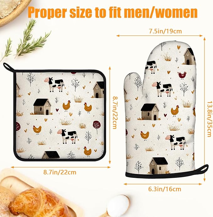 Farmhouse Chickens Oven Mitts and Pot Holders Sets 4Pcs Silicone Non-Slip Mitts Heat Resistant Gloves Hot Pads for Kitchen Cooking Baking Grilling BBQ Rooster