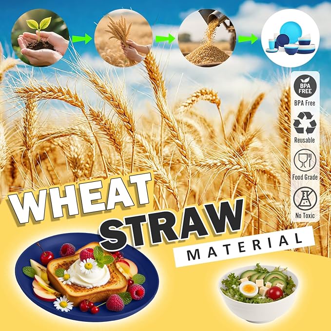Wheat Straw Dinnerware Sets of 32, Unbreakable Plates and Bowls Sets Service for 8, Dinner Plate/Dessert Plate/Bowl/Cup, for Outdoor Camping RV Apartment Essentials - Island Color