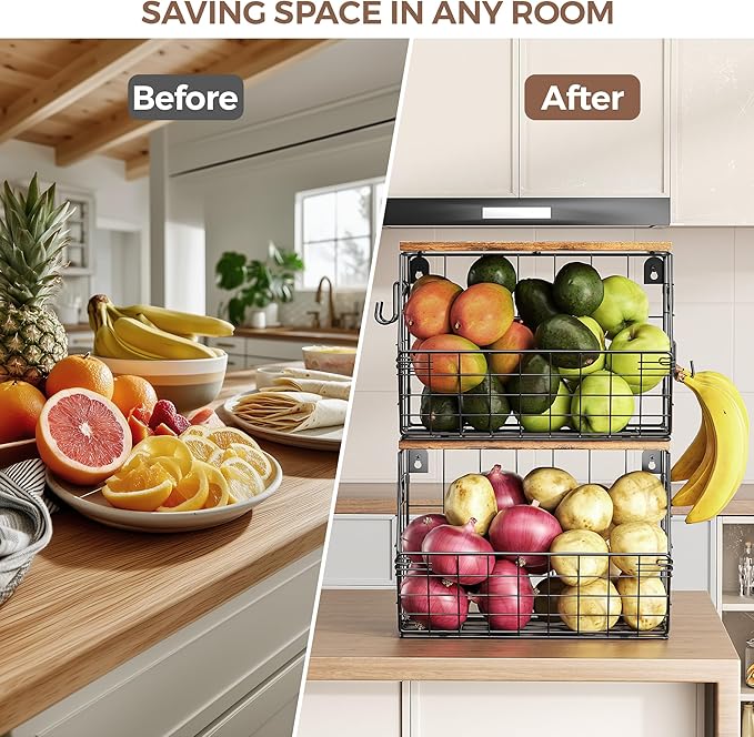 Delamu Stackable Metal Fruit Basket with Wood Lid 2 Pack, Hanging Wall Organizer for Kitchen Counter, Pantry Storage for Onions, Potatoes, Garlic, Fruits, Spices, Black