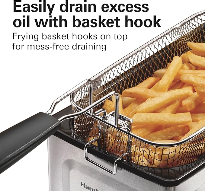 Hamilton Beach Family Style Electric Deep Fryer, Includes Frying Basket with Hooks, 1500 Watts, Easy Detach Magnetic Cord, 3 Liter / 12 Cup Oil Capacity, Stainless Steel (35220G)
