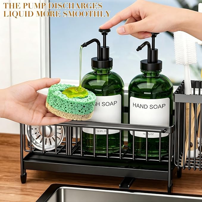 Kitchen Soap Dispenser Set with Sponge Holder and Towel Rack, 17OZ Glass Bottle, Hand and Dish Soap Dispenser Set, Non-Slip Silicone Pad, Brush Holder, Kitchen Sink Caddy Organizer Countertop (Green)