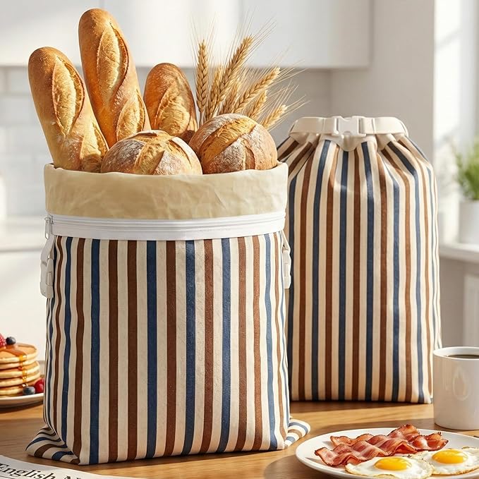 Reusable Beeswax Bread Bags-17"x13" Large Bread Bags for Sourdough & Homemade Cloth BreadBags Keeps Fresh Longer 2Pack (Vertical stripe pattern) | Stripe Pattern, Beeswax keep fresh, Large Size, Zipper, Snap-on