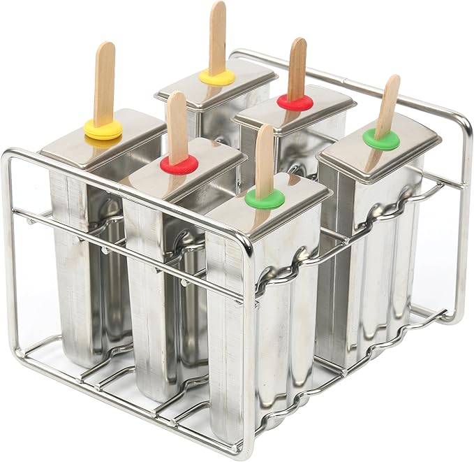 Set of 6 Stainless Steel Popsicle Mold and Rack Set - Homemade Ice Treat Makerwith 50 Wooden Sticks and 6 Silicone Seals and Bonus Cleaning Brush