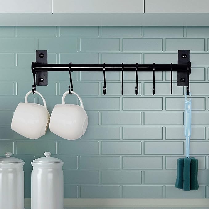 Dseap Kitchen Utensil Holder Hanger, Pot and Pan Rack Wall Mounted, Kitchen Rail with 8 Hooks for Hanging Cooking Utensils, Mugs, Spoons, Wall Mounted, Black, Pack of 2