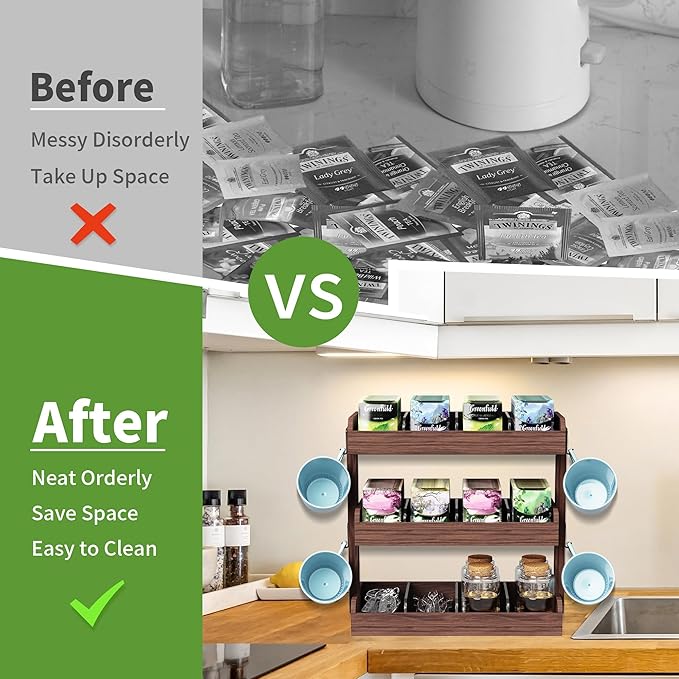 3 Tier Tea Bag Organizer - Wall-Mounted Holder with Partitions, 4 Hooks, Wooden Tea Box for Office, Kitchen, Cabinet, Pantry