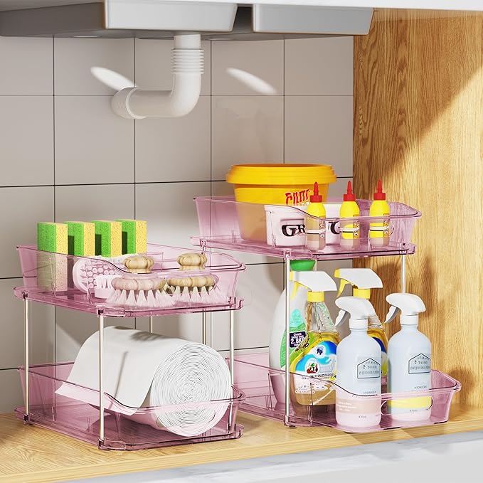 Delamu 2-Tier Under Sink Organizers and Storage, Multi-Purpose Stackable Bathroom Cabinet organizers, Pull Out Kitchen Pantry Organization and Storage with Dividers(2 Pack, Pink)