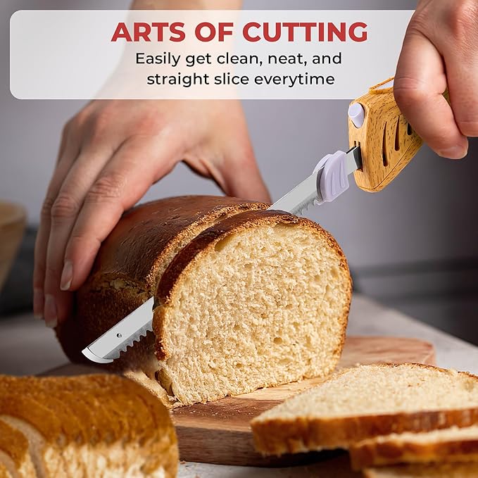 Prikoi Electric Knife - Carving Knife Set, Easy-Slice Serrated Edge Blades for Meat, Bread, Turkey, Ribs, Fillet, DIY, Ergonomic Handle + 2 Blades for Raw & Cooked Food New Upgrade(Faux Wood)