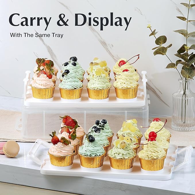 Gencywe Plastic Cupcake Carrier 24 Count, 2-Layer Cupcake Holder Carries with Lid & Handles, Cookie, Cake, Cupcake and Brownie Storage Carrier, Reusable Cupcake Box