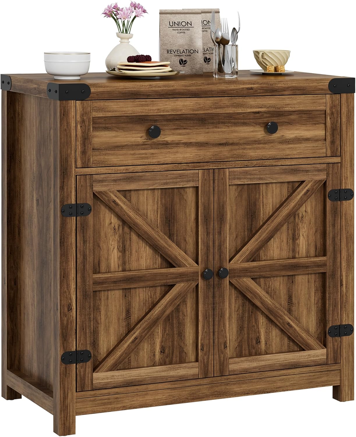 YESHOMY Farmhouse Coffee Bar Cabinet Sideboards, with Barn Doors, Spacious Drawer, Adjustable Interior Shelf, Generous Top Surface, for Kitchen, Bathroom, Entryway, Living Room, Pure Brown