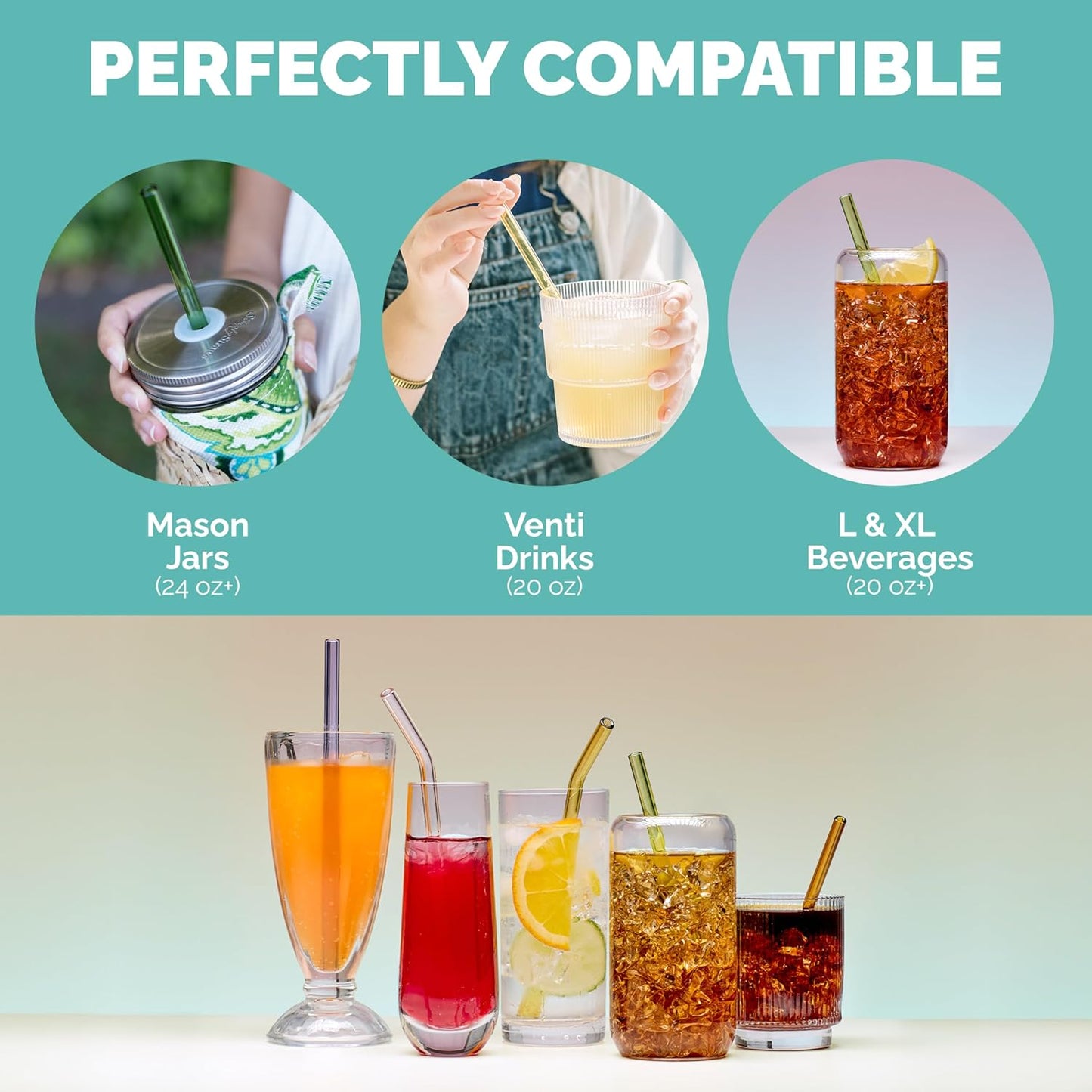 Simply Straws 10 Inch Glass Straws Straight (6-Pack) – Reusable Glass Straws for 24 Oz Mason Jars & Tumblers, with Cleaning Brush – Durable, Dishwasher Safe, Hot & Cold Use, BPA-Free (Cote d'Azur)