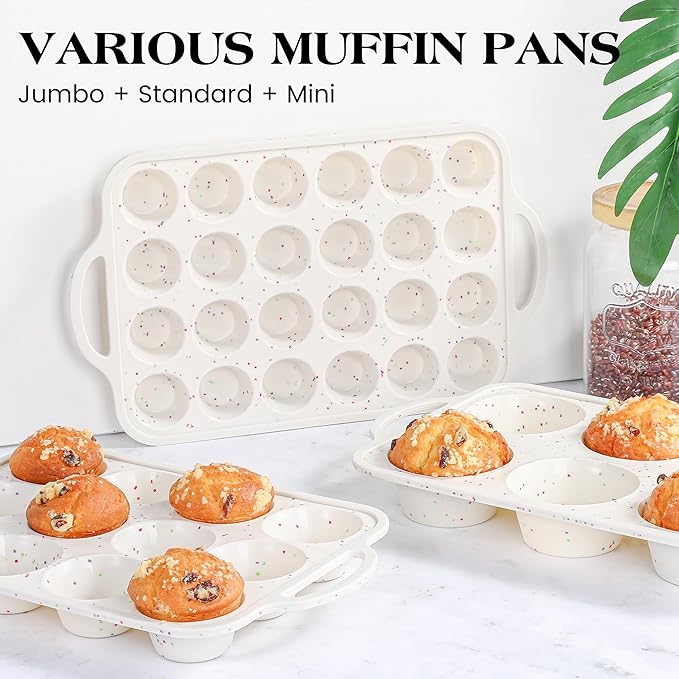silicone muffin pan for baking with metal frame (Cream, Regular：12-Cup x 2 Pcs)