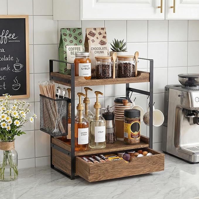 Coffee Station Organizer Countertop, Wooden Coffee Bar Accessories Organizer with Basket, 2 Mug Holder Hooks and Pod Drawer, Multifunctional 2 Tier Countertop Organizer for Kitchen, Bathroom, Office