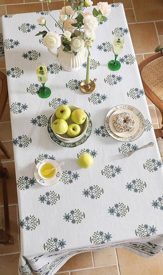 ISAENNE Designer White Linen Small Rectangular Tablecloth,Chinoiserie Floral Elegant Indoor Table Cloth,Fall Stain Proof Decor Tablecloths for Dining Thanksgiving Kitchen,55"*71"-Mosella F