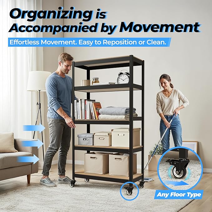 HOMEDANT House 5-Tier Metal Rolling Cart Shelf Rack Casters Heavy Duty Wheel Shelving Unit Adjustable Utility Storage Shelves Organizer Shelf Kitchen Garage 36.2" W x 16.5" D x 69.5" H 10Pack