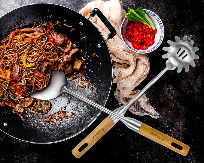 Large Stainless Steel Kitchen Utensils Set, 7 Pcs Cooking Utensils Set with Wooden Handle, Heat Resistant Spatula Tools Set for Cooking, Food Grade Utensils Sets with Turners Spoon Ladle Pasta Fork