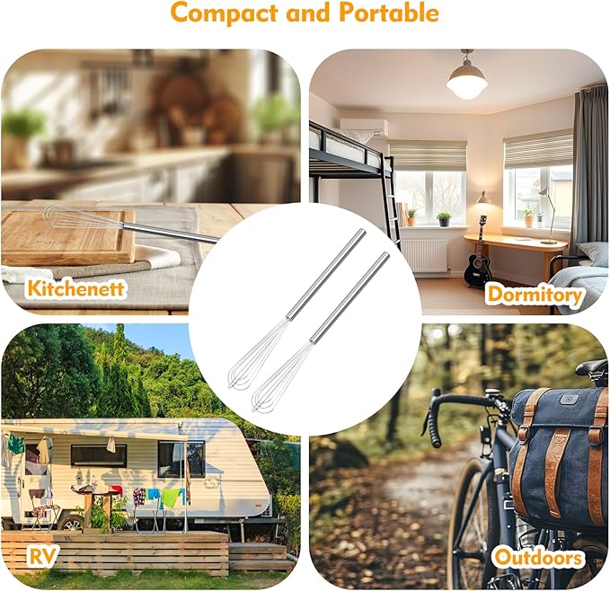 2 PCS Mini Whisk, Small Whisks for Cooking, Stainless Steel Mini Whisk Set - Essential Tiny Wire Whisk for Whisking, Beating, Blending Eggs & Sauces