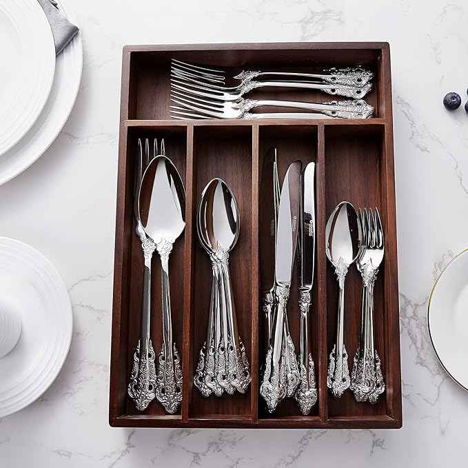 KEAWELL Luxury 45-Piece Silverware Set, 18/10 Stainless Steel, Service for 8, Mirror Finish, Antique Baroque Design, Dishwasher Safe (Silver)